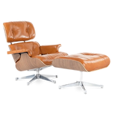 Loungesessel und Ottomane im Eames-Stil – Hellbraunes Leder und Walnussfurnier